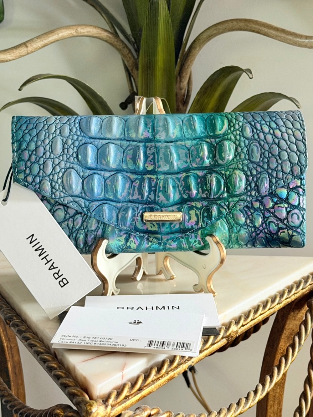 💙💚🩵 NWT Brahmin Blue Topaz Veronica Envelope Wallet Iridescent Finish 💙💚🩵